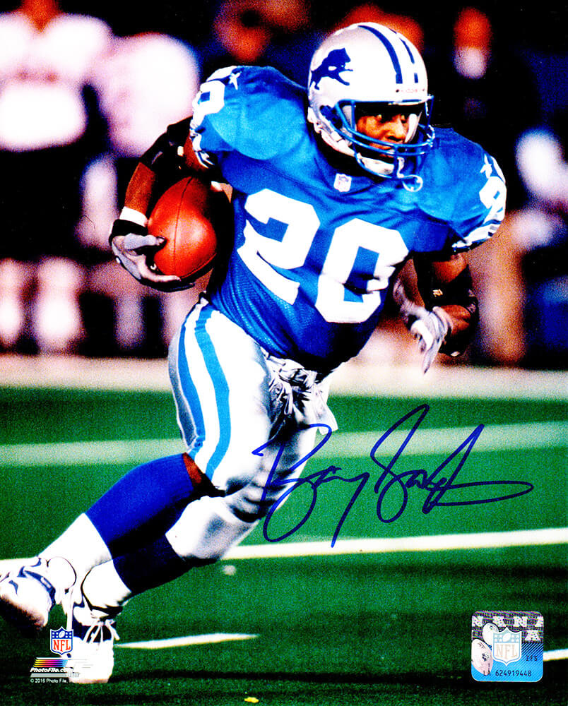 Barry Sanders Detroit Lions Unsigned Blue Jersey Running Photograph