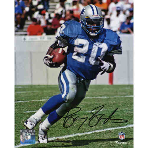 Barry Sanders Signed Detroit Lions Blue Jersey Running With Football Action 8x10 Photo