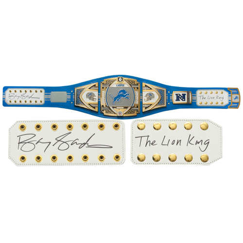 Barry Sanders Signed Detroit Lions 53x12 WWE Legacy Full Size Authentic Blue Wrestling Belt w/The Lion King - Image 2