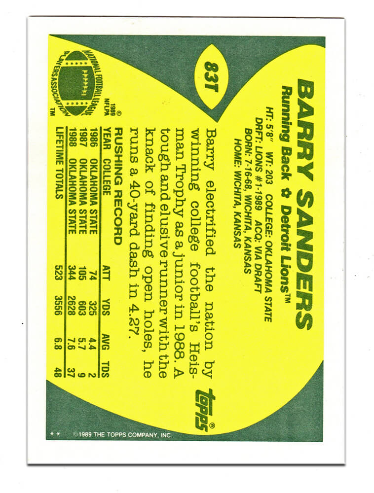 Barry Sanders Signed Detroit Lions 1989 Topps Football Rookie Trading Card #83T - Image 2