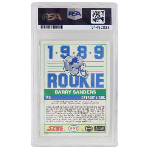 Barry Sanders Signed Detroit Lions 1989 Score Rookie Card #257 w/ROY'89  - (PSA/DNA Encapsulated - Auto Grade 10) - Image 2