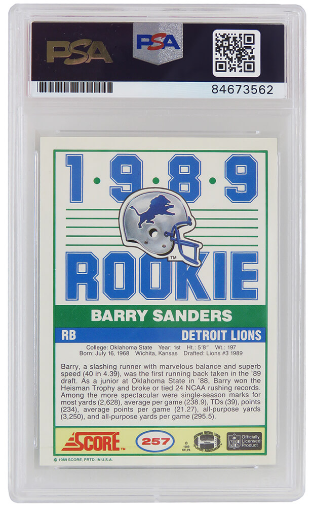 Barry Sanders Autographed 1989 Score Rookie Card #257 Detroit