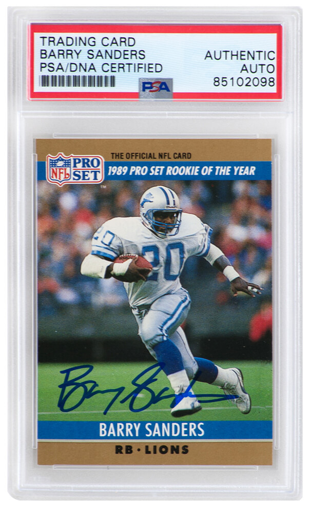 Barry Sanders Signed Lions 1990 Pro Set ROY Football Card #1 -(PSA Encapsulated)