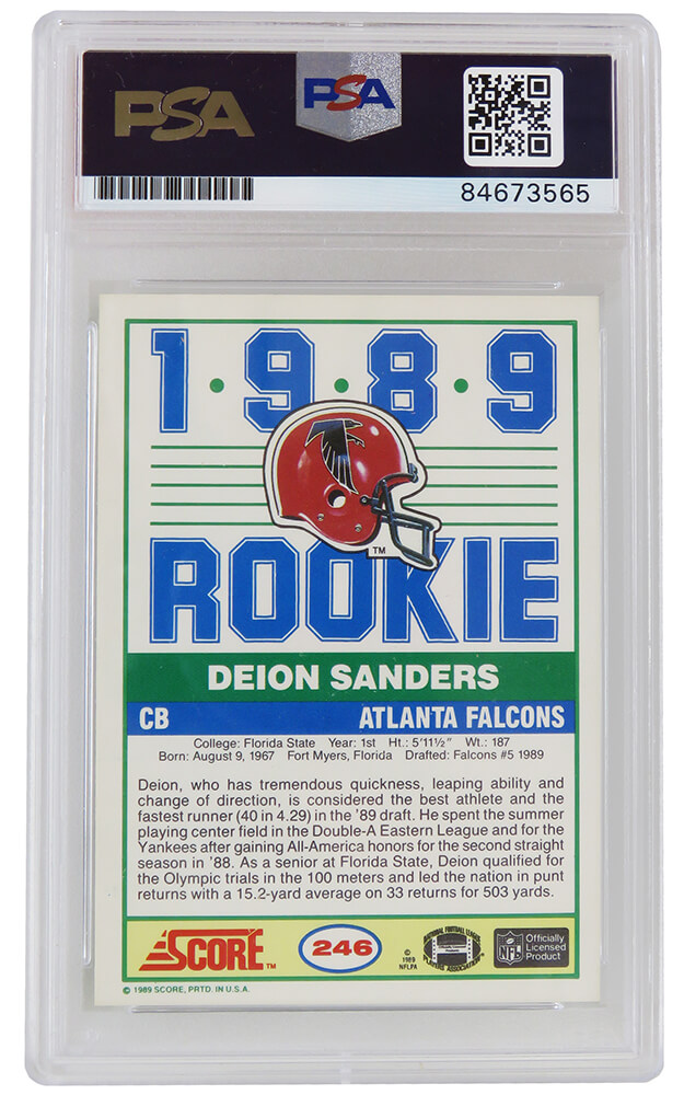 Falcons Deion Sanders Signed 1989 Score #246 Rookie Card BAS Slabbed