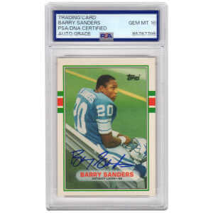 Barry Sanders Signed Lions 1989 Topps Rookie Football Card #83T - (PSA / Auto Grade 10)