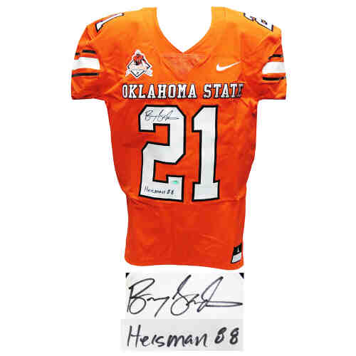 Barry Sanders Signed Oklahoma State Orange 25th Anniversary Nike Jersey w/Heisman 1988