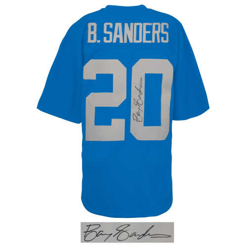 Barry Sanders Signed Detroit Lions Blue With Grey Numbers 1994 Throwback M&N NFL Football Jersey - Image 2