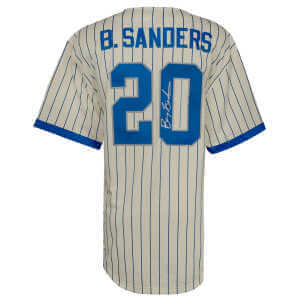 Barry Sanders Signed Detroit Lions Cream M&N Baseball Jersey