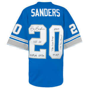 Barry Sanders Signed Detroit Lions Blue 1996 Throwback M&N NFL Legacy Football Jersey w/7-Inscriptions