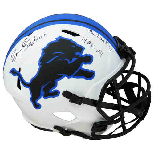 Barry Sanders Signed Detroit Lions Lunar Eclipse White Matte Riddell Speed Full Size Replica Helmet w/HOF'04, The Lion King