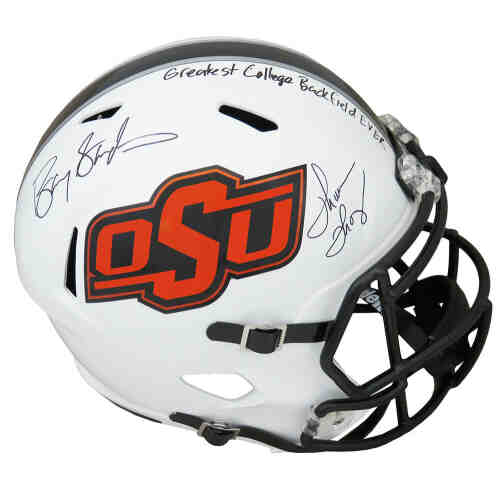 Barry Sanders & Thurman Thomas Signed Oklahoma State White Schutt F/S Replica Helmet w/Greatest College Back Field Ever