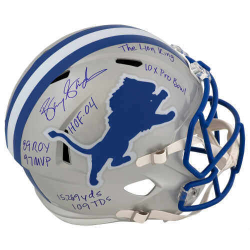 Barry Sanders Signed Detroit Lions T/B Riddell Full Size Speed Replica Helmet w/7-INSCRIPTIONS