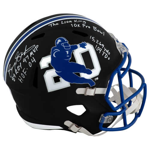 Barry Sanders Signed Detroit Lions Barry Sanders Logo Black Riddell Full Size Speed Replica Helmet w/7-Inscriptions