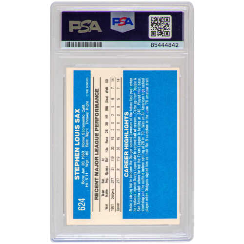 Steve Sax Signed Los Angeles Dodgers 1982 Donruss Rookie Baseball Card #624 w/82 NL ROY - (PSA Encapsulated) - Image 2