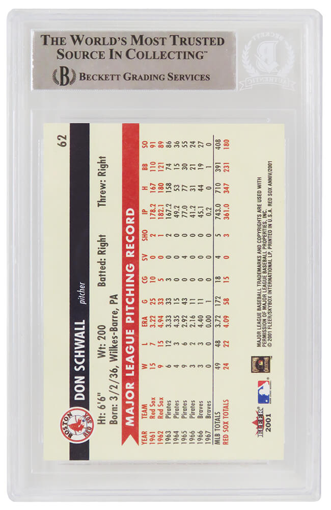 Don Schwall Signed Boston Red Sox 2001 Fleer Baseball Trading Card #62 w/61 AL ROY - (Beckett Encapsulated) - Image 2