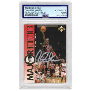 Charlie Sheen Signed 1995-96 Upper Deck Major Attractions Michael Jordan Card #339 &ndash; (PSA Encapsulated)