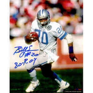 Billy Sims Signed Detroit Lions White Jersey Running 8x10 Photo w/80 ROY