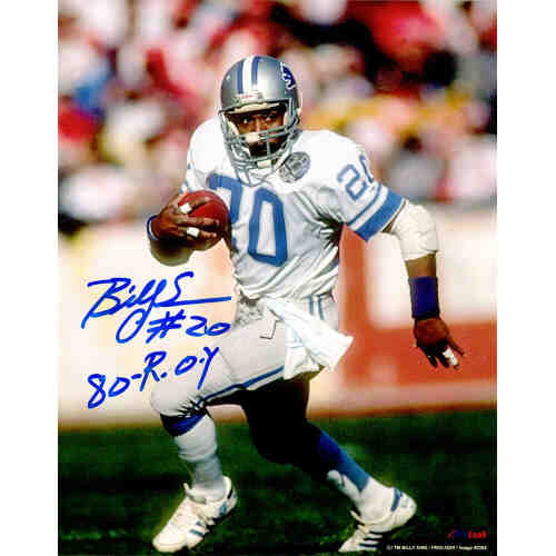 Billy Sims Signed Detroit Lions White Jersey Running 8x10 Photo w/80 ROY