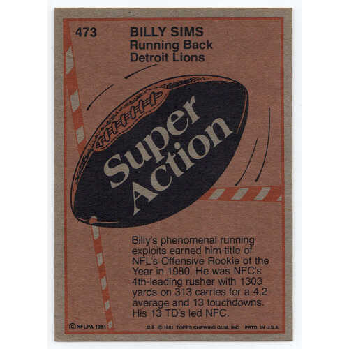 Billy Sims Signed Detroit Lions 1981 Topps Super Action Football Trading Card #473 - Image 2