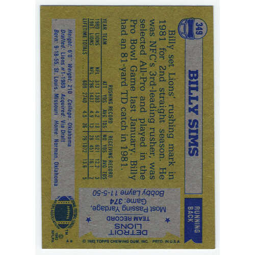 Billy Sims Signed Detroit Lions 1982 Topps All Pro Football Trading Card #349 - Image 2