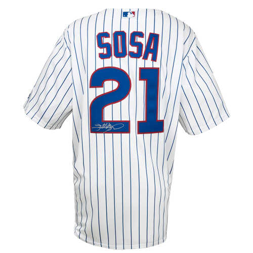 Sammy Sosa Signed Chicago Cubs White Pinstripe Majestic Replica Baseball Jersey