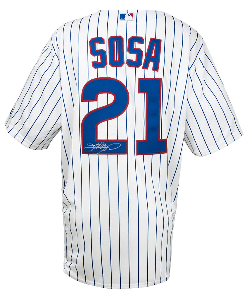 Sammy Sosa Signed Chicago Cubs White Pinstripe Majestic Replica Baseball  Jersey