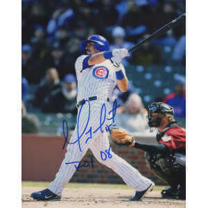Geovany Soto Signed Cubs White Pinstripe Jersey Batting Action 8x10 Photo w/ROY'08