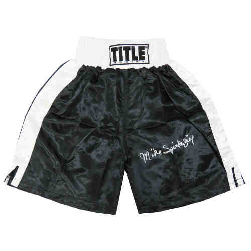 Michael (Mike) Spinks Signed Title Black With White Trim Boxing Trunks w/Jinx