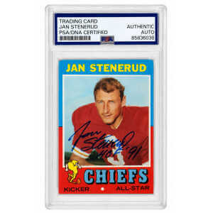 Jan Stenerud Signed Kansas City Chiefs 1971 Topps Football Card #61 w/HOF'91 - (PSA Encapsulated)
