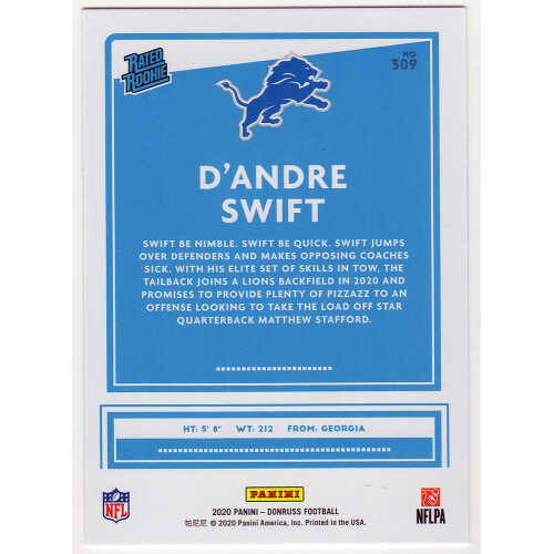 D'Andre Swift Signed Detroit Lions 2020 Donruss Rated Rookie Football Card #309 - Image 2