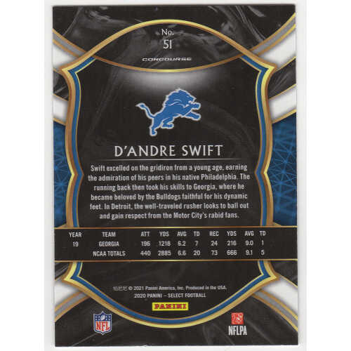 D'Andre Swift Signed Detroit Lions 2020 Panini Select Rookie Football Card #51 - Image 2