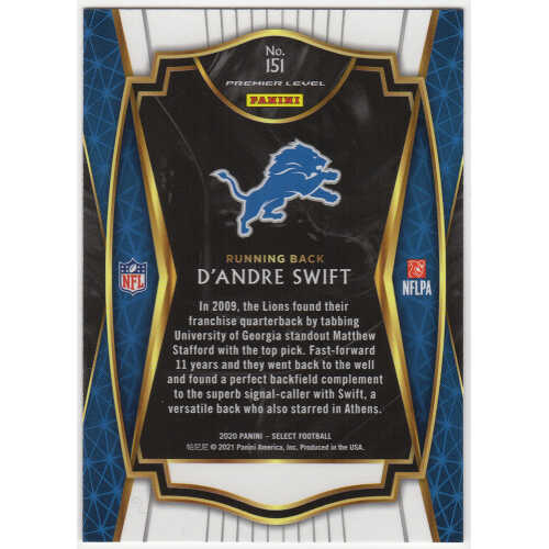 D'Andre Swift Signed Detroit Lions 2020 Panini Select Rookie Football Card #151 - Image 2