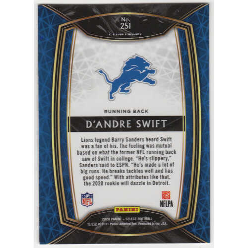 D'Andre Swift Signed Detroit Lions 2020 Panini Select Rookie Football Card #251 - Image 2