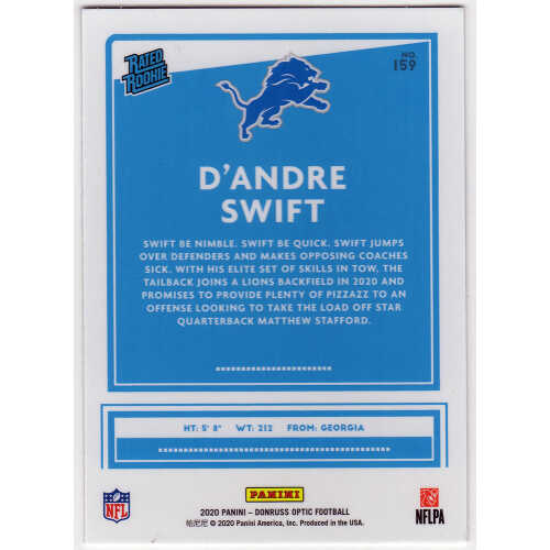 D'Andre Swift Signed Detroit Lions 2020 Donruss Optic Rated Rookie Football Card #159 - Image 2