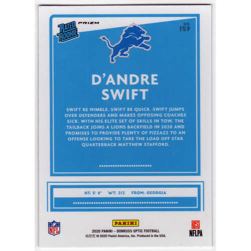 D'Andre Swift Signed Detroit Lions 2020 Donruss Optic Prizm Rated Rookie Football Card #159 - Image 2