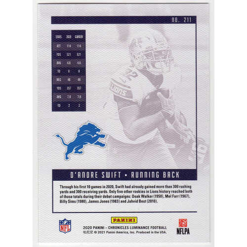 D'Andre Swift Signed Detroit Lions 2020 Panini Luminance Rookie Football Card #211 - Image 2