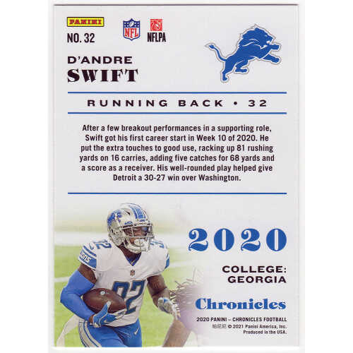 D'Andre Swift Signed Detroit Lions 2020 Panini Chronicles Rookie Football Card #32 - Image 2