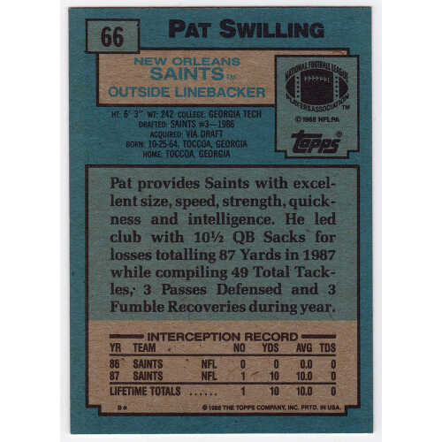 Pat Swilling Signed New Orleans Saints 1988 Topps Rookie Football Card #66 - Image 2