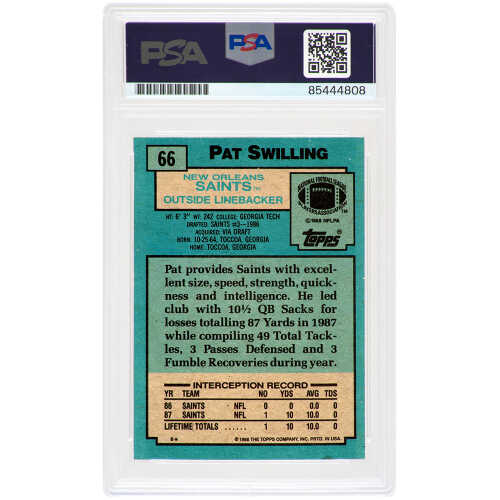 Pat Swilling Signed New Orleans Saints 1988 Topps Rookie Football Card #66 - (PSA Encapsulated) - Image 2