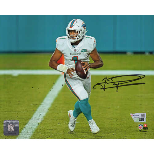 Tua Tagovailoa Signed Miami Dolphins White Jersey With Football Action 8x10 Photo - (Fanatics)
