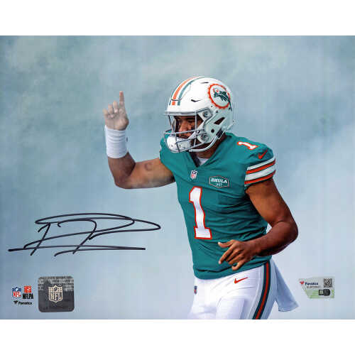 Tua Tagovailoa Signed Miami Dolphins Teal Jersey Pointing 8x10 Photo - (Fanatics)