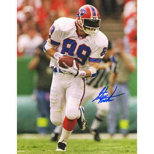 Steve Tasker Signed Buffalo Bills White Jersey Running With Ball 8x10 Photo