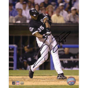 Frank Thomas Signed White Sox Black Jersey Swinging 8x10 Photo