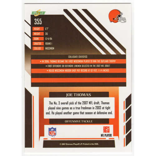 Joe Thomas Signed Cleveland Browns 2007 Score Rookie Football Card #355 - Image 2