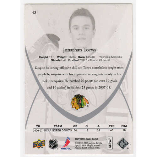 Jonathan Toews Signed 2007-08 Upper Deck NHL Hockey Rookie Box Set Hockey Trading Card #43 - Image 2