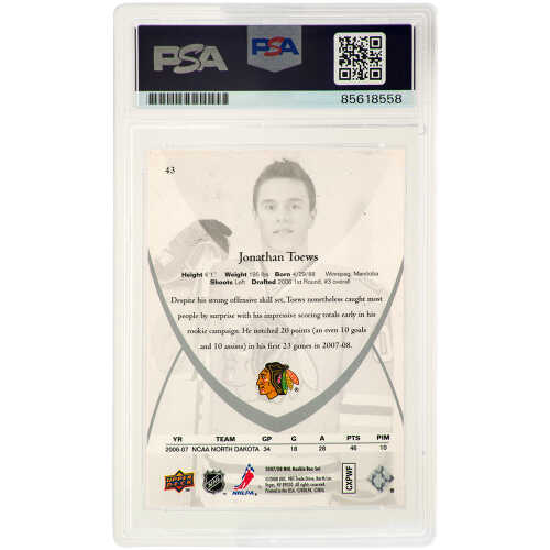 Jonathan Toews Signed 2007-08 Upper Deck NHL Hockey Rookie Box Set Hockey Card #43 - (PSA Encapsulated) - Image 2