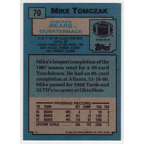 Mike Tomczak Signed Chicago Bears 1988 Topps Rookie Football Trading Card #70 - Image 2