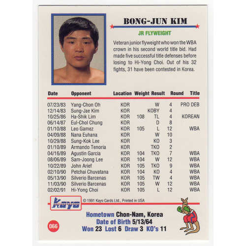 Bong-Jun Kim 1991 Kayo Boxing Trading Card #66 (Lot of 9) - Image 2