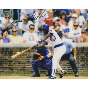 Jerome Walton Signed Cubs White Pinstripe Jersey Swinging Action 8x10 Photo