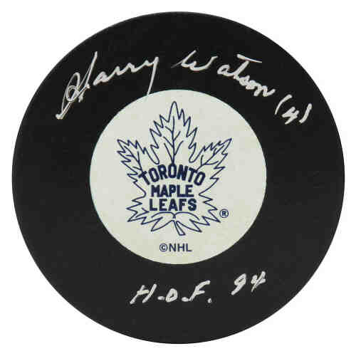 Harry Watson Signed Maple Leafs T/B Logo Hockey Puck w/HOF'94